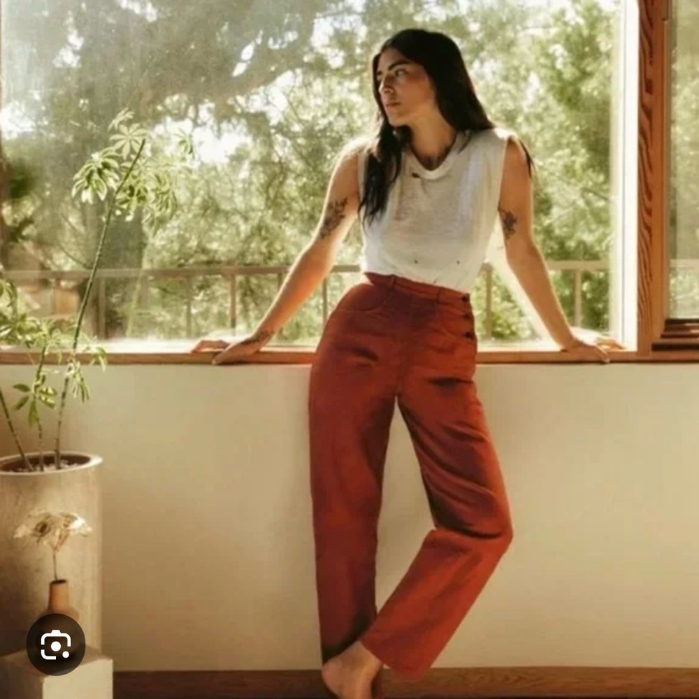 Red herringbone Imogen and Willie pants. Brick color.